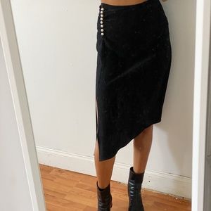 90s Slinky Black Asymmetrical Skirt Pearls & Slit